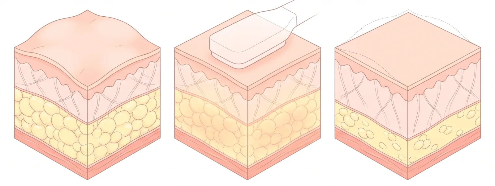 Cross-sections: a thick fat layer, a flat applicator warming the fat, and a thinner fat layer with the former contour dashed