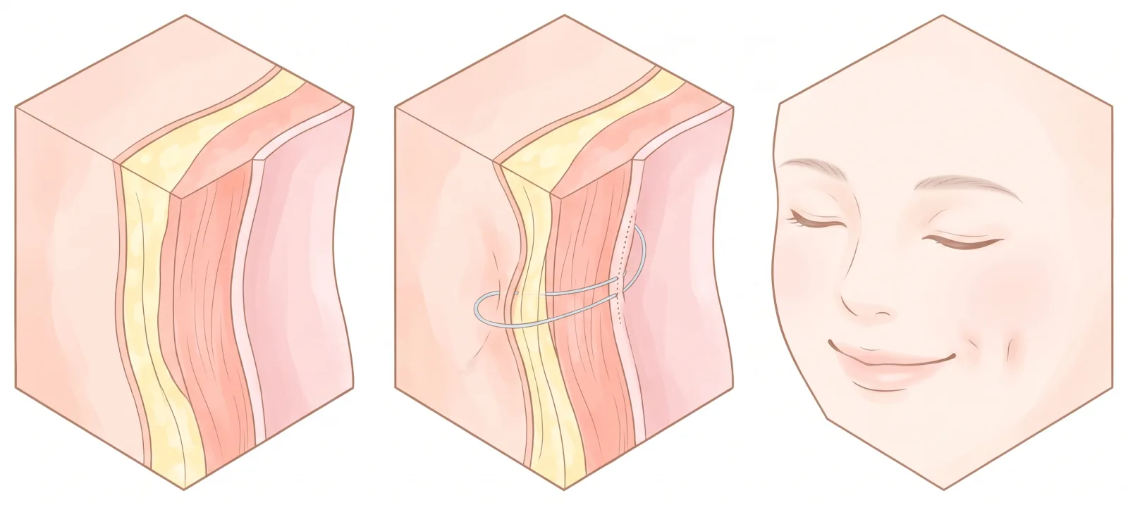 Cheek layer cross-section, a suture linking the skin's underside to the muscle below, and a smiling face with a cheek dimple