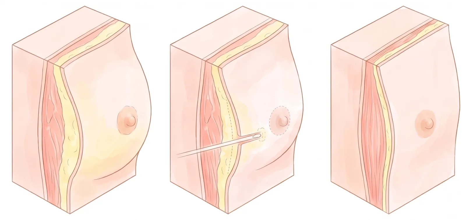乳腺与脂肪增生的男性胸部、以细管去除组织、胸型变平坦后的剖面