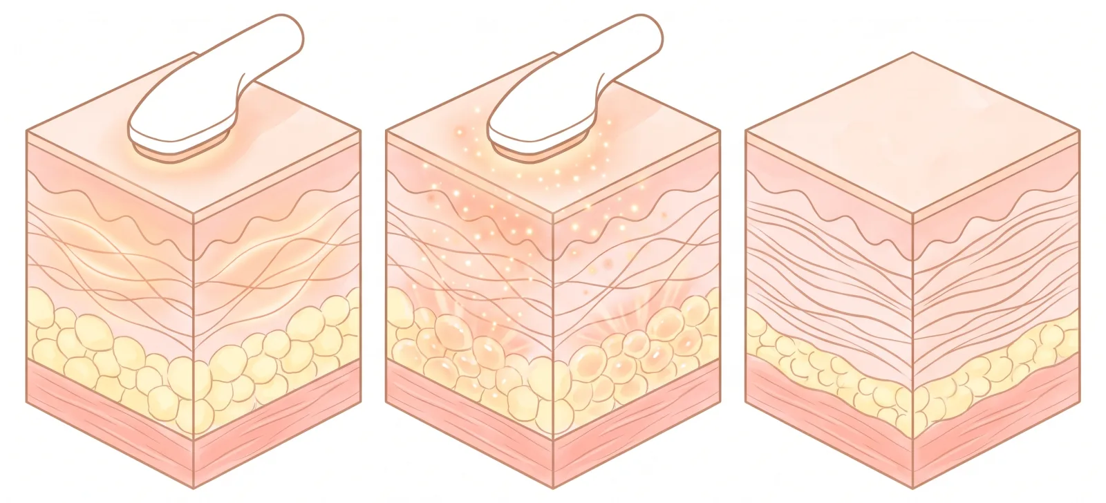 Cross-sections: an InMode applicator warming the dermis, then delivering energy to the fat layer, and the layers after