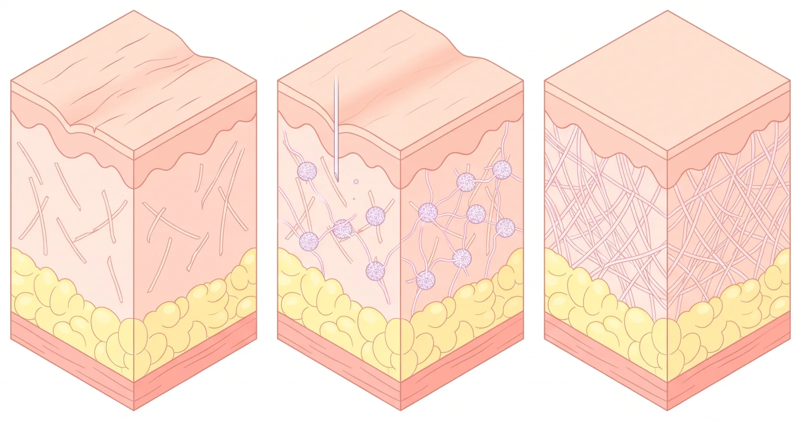 Cortes con líneas finas y colágeno escaso, una aguja que coloca partículas de Juvelook en la dermis y colágeno más denso