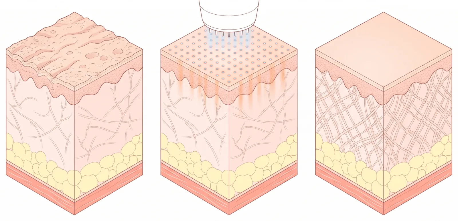 Cross-sections: rough, uneven texture, an Opus tip delivering energy in a grid of micro-points, and denser collagen after