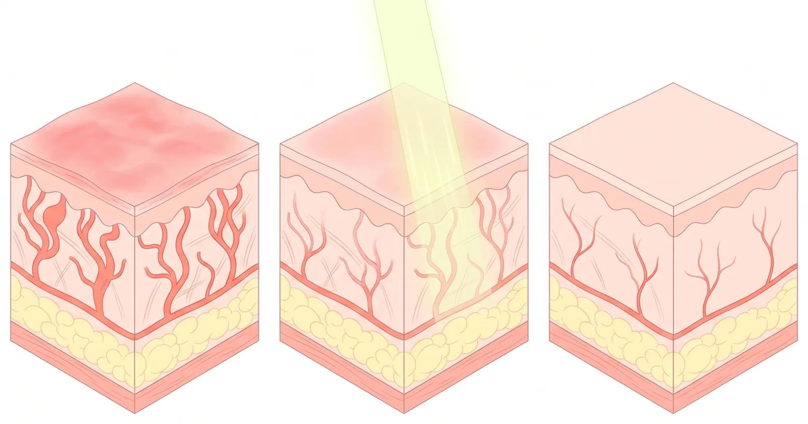 拡張した血管による赤ら顔、レーザー光が血管をねらう様子、血管が細くなった後の断面