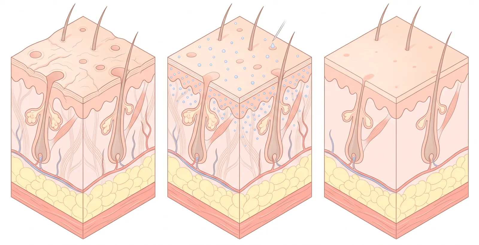 Cortes con poros dilatados y textura áspera, microgotas aplicadas en la dermis superficial y textura más fina después