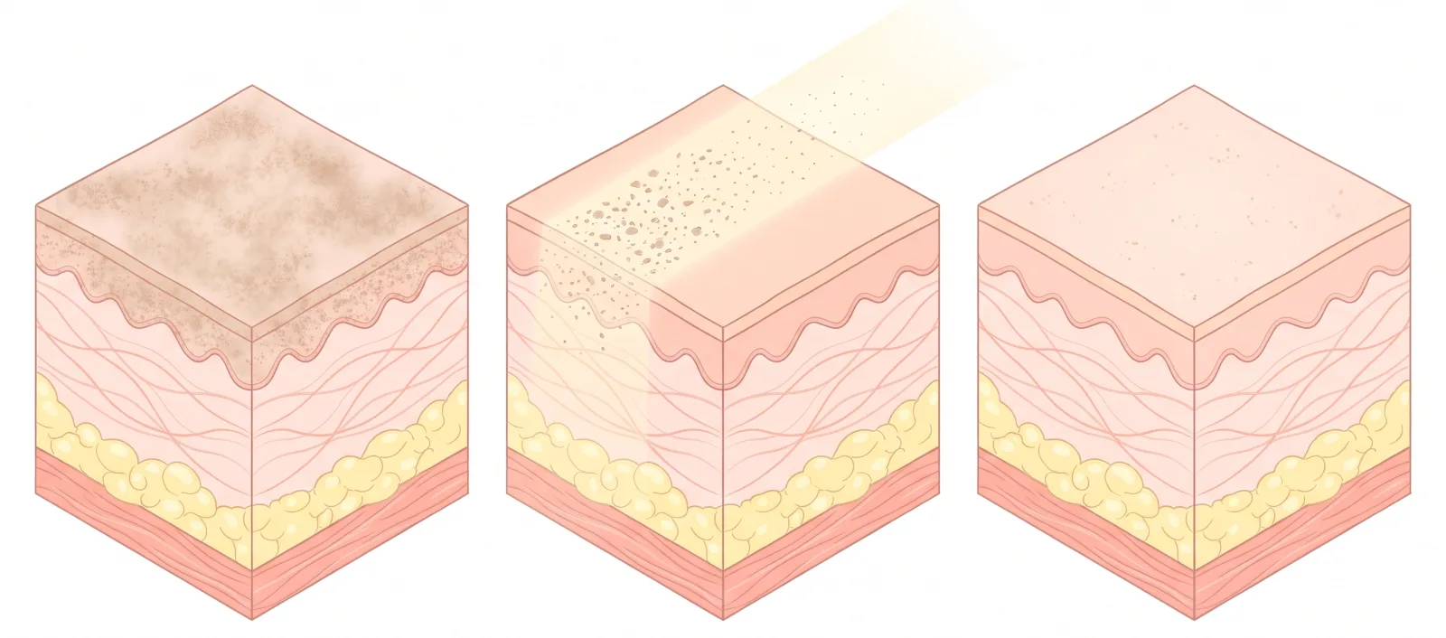 Cross-sections: uneven pigment in the epidermis, a broad laser beam breaking it into fine particles, and a more even tone