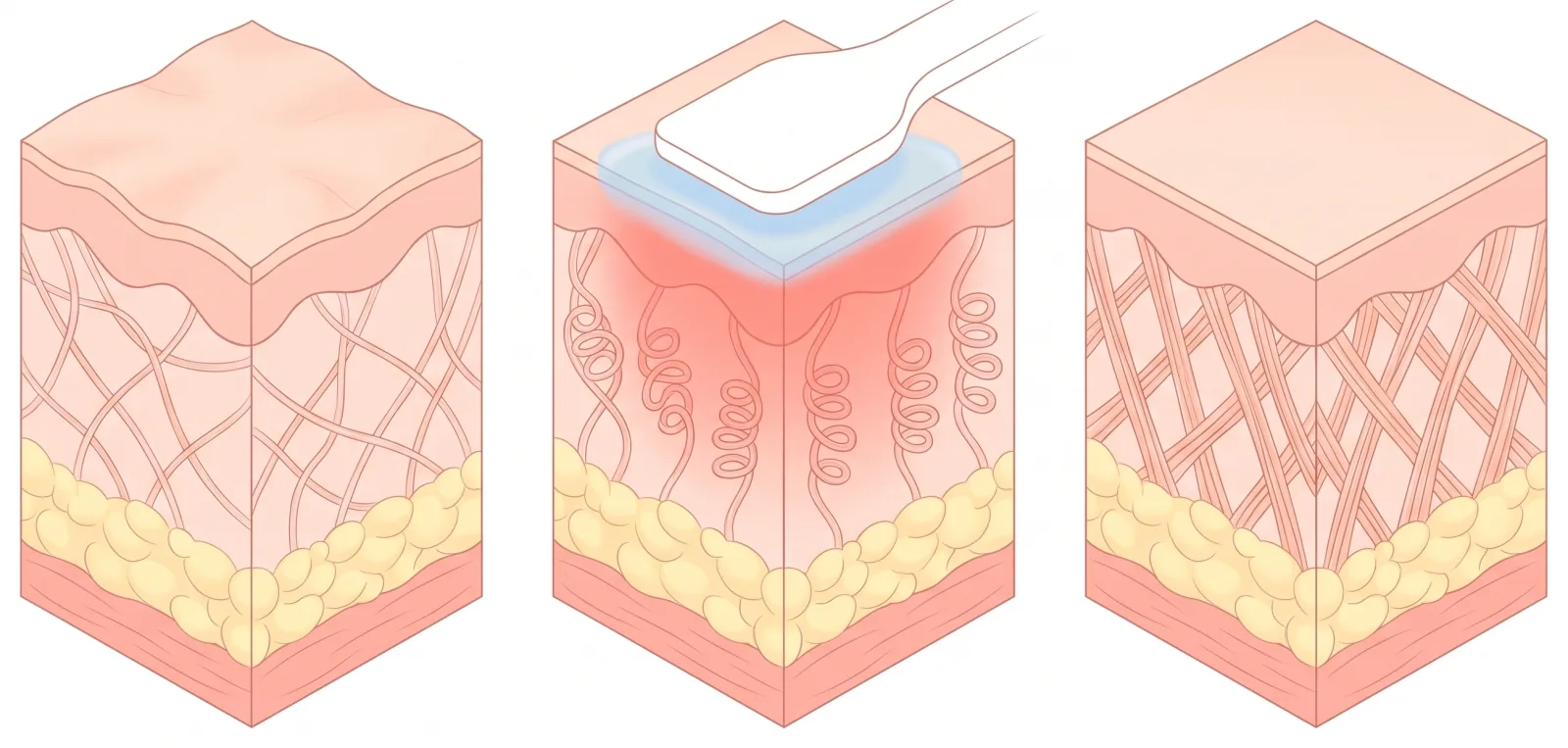 Cortes con colágeno laxo, una punta VOLNEWMER que enfría la superficie y calienta la dermis, y fibras ordenadas después